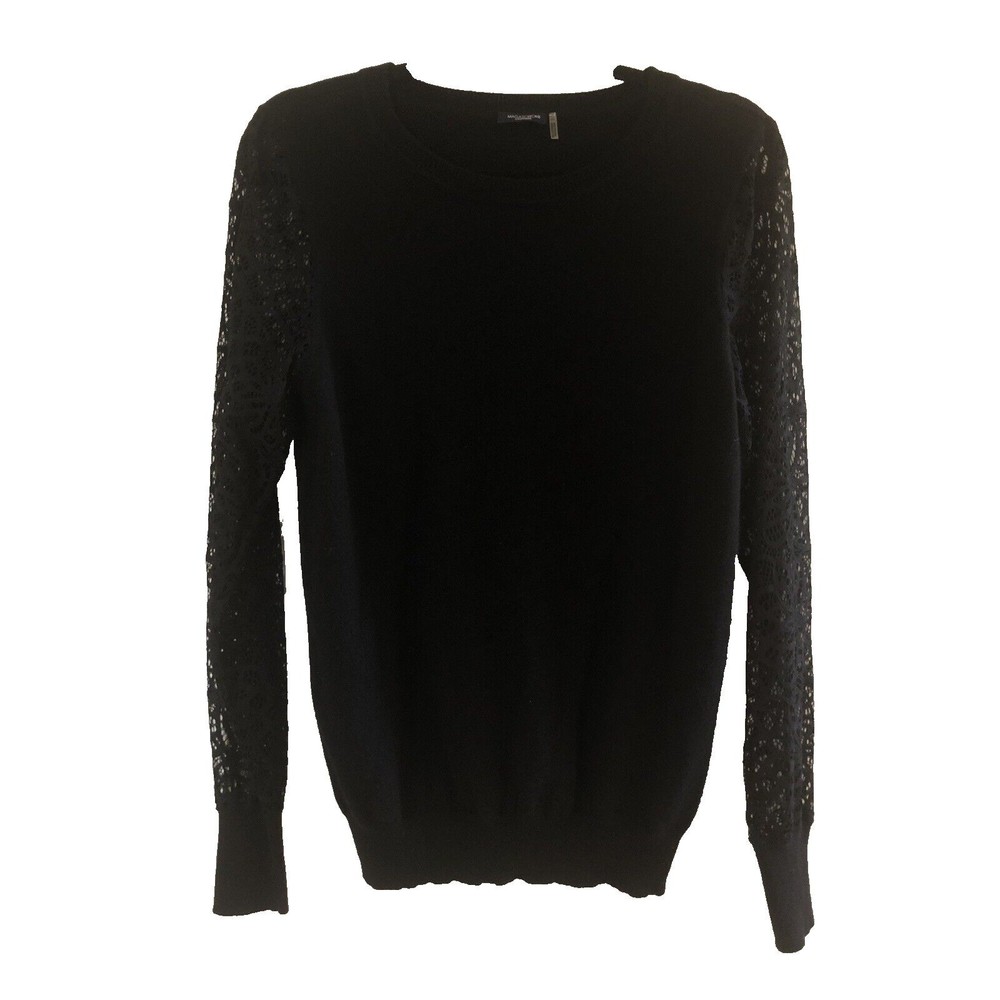 Magaschoni Cashmere Lace Sleeve Pullover Sweater Black Womens Large L